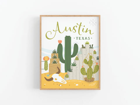 The Austin Succulent Skyline Art Print by Onderkast Studio features cactus and desert plant illustrations, a cow skull, and the text Austin Texas with One Congress Plaza, all set against a white background.