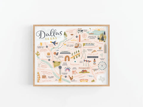 Dallas Map Art Print by Onderkast Studio in a wooden frame features colorful illustrations of neighborhoods and landmarks like Deep Ellum, Uptown, and Bishop Arts District—a unique gift for Dallas lovers.