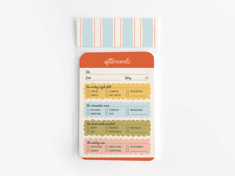 The Afterwords Book Review Card Set by Onderkast Studio features vibrant review cards with sections for title, date, rating, writing style, characters, mood, and reading experience—pastel stripes add a fun touch. Perfect for book lovers!.