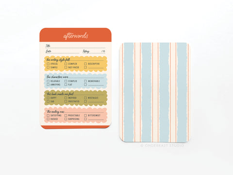 The Afterwords Book Review Card Set by Onderkast Studio includes two rectangular cards: one with colorful checkboxes for book reviews, and the other featuring a vibrant striped pastel pattern in blue, pink, and beige.