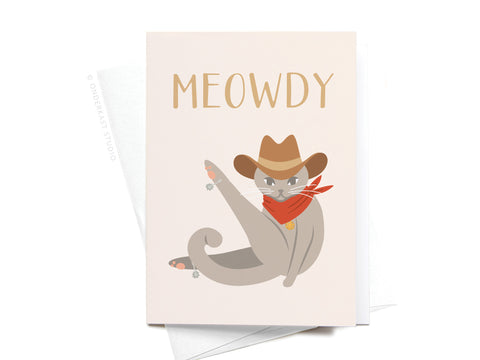 The Meowdy Folded Greeting Note Set of 10 by Onderkast Studio features a grey cat in a cowboy hat and red bandana with MEOWDY in colorful print above, all on cream-colored cards for a premium feel.