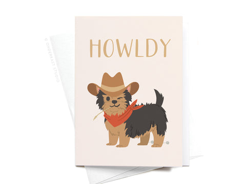 The Howldy Folded Greeting Note Set of 10 from Onderkast Studio features a fluffy dog in a cowboy hat and bandana with HOWLDY above—printed in the USA on premium card stock for charming greetings.