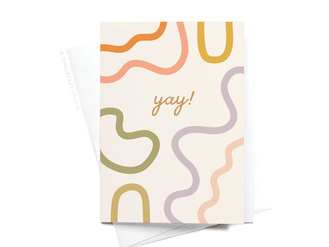 The Yay Squiggles Folded Greeting Note Set of 10 by Onderkast Studio features premium cards with yay! centered among pastel squiggly lines in peach, yellow, green, and lavender. Printed in the USA, includes white envelopes.
