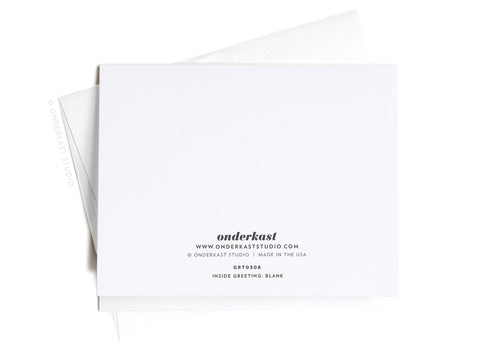 A square white premium Have a Bangin’ Birthday! greeting card by Onderkast Studio with matching envelope, showing the back side featuring the brand logo, website, and product info in black text centered near the bottom.