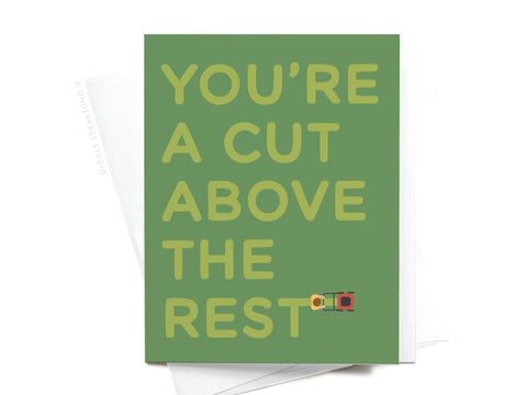 The “Youre a Cut Above the Rest Lawn Mower Greeting Card” by Onderkast Studio features bold yellow-green lettering on green and a lawn mower trimming “REST”—a unique choice for Father’s Day.