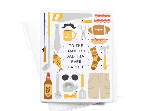 The To the Dadliest Dad That Ever Dadded Greeting Card by Onderkast Studio, printed in the USA, features fishing gear, golf club, mustache, #1 Dad mug and more—perfect for celebrating your legendary dad this Fathers Day.