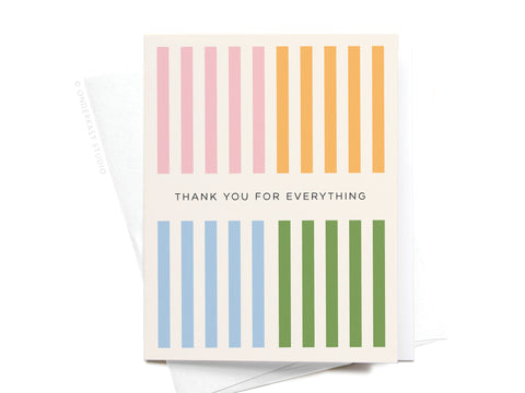 Onderkast Studios Thank You for Everything Greeting Card features vibrant vertical stripes in pink, orange, blue, and green with bold black text. The card is shown atop a white envelope.