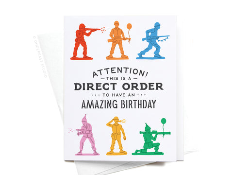 The Direct Order Army Men Birthday Greeting Card by Onderkast Studio features vibrant toy soldiers in red, orange, blue, purple, green, and yellow with the message: “Attention! This is a direct order to have an amazing birthday.”.