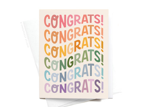 Onderkast Studios Congrats Wonky Type Greeting Card features CONGRATS! repeated six times in pink, orange, yellow, green, blue, and purple on a crisp white background for a premium touch.
