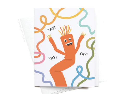 The Yay Wacky Waving Inflatable Tube Man Greeting Card by Onderkast Studio features a smiling orange tube man with arms raised, colorful swirls, and “YAY!” repeated—making it the perfect fun congrats card for any celebration.