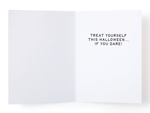 The Beware of the Lurking Dental Bill Greeting Card by Onderkast Studio features TREAT YOURSELF THIS HALLOWEEN... IF YOU DARE! in bold black letters on the right, while the left page is blank for your own spooky or funny message.