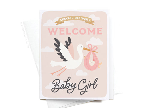 Welcome a new baby with the Special Delivery Welcome Baby Girl Greeting Card by Onderkast Studio, featuring a stork carrying a pink bundle among clouds and the message “Special Delivery, Welcome Baby Girl” on a light pink background.