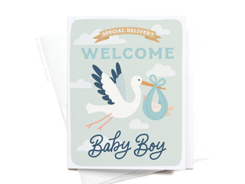 Onderkast Studio’s Special Delivery Welcome Baby Boy Greeting Card features a vibrant illustration of a stork flying with a baby bundle and the text Special Delivery, Welcome Baby Boy on a light blue, cloud-filled background.