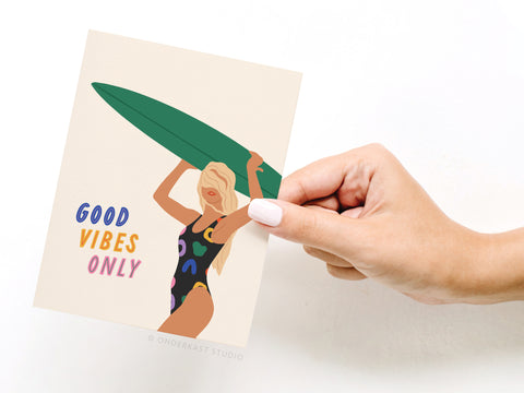 Good Vibes Only Surfer Greeting Card