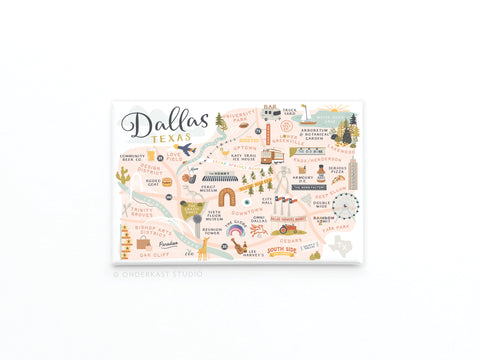 The Onderkast Studio Dallas Map Refrigerator Magnet captures Dallas’s vibrant energy with charming icons of its landmarks, neighborhoods, museums, parks, and the zoo across the city.