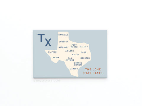 Onderkast Studio’s Texas Map Refrigerator Magnet features a minimalist illustration with major cities labeled and “The Lone Star State” in red at the bottom right, celebrating Texas pride and its vibrant cities.