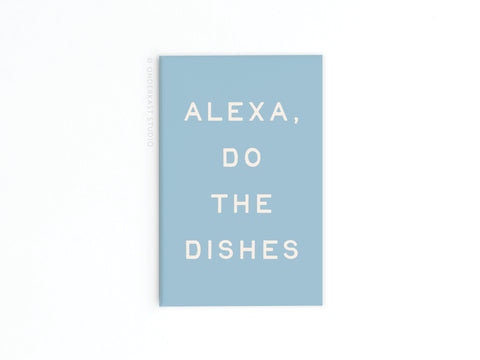 The Onderkast Studio Alexa Do the Dishes Refrigerator Magnet features a blue rectangle with white text, adding tech-inspired humor to your fridge—an ideal quirky accent for any plain white surface.