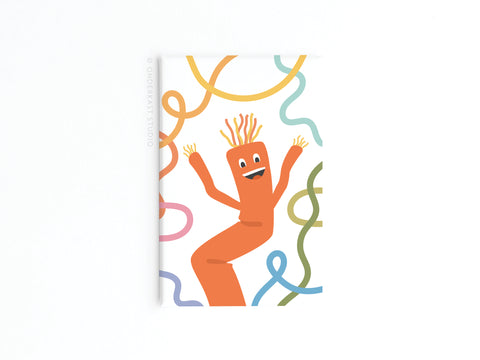 The Onderkast Studio Wacky Waving Inflatable Tube Man Refrigerator Magnet features an illustrated orange tube man with a happy face and raised arms, surrounded by colorful wavy lines on a white background for a playful touch.
