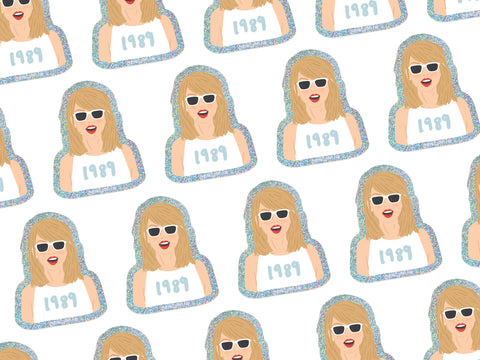 A fun TS 1989 Glitter Sticker by Onderkast Studio features a repeating pattern of a cartoon blonde woman in sunglasses, red lipstick, and a 1989 shirt, outlined with a blue glitter border on white.