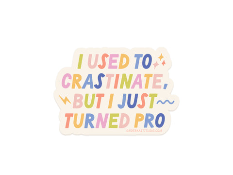Add playful flair to your gear with the Crastinator Pro Sticker by Onderkast Studio—eye-catching colors, bold I used to crastinate, but I just turned pro text, stars, lightning bolt, wavy lines, and weatherproof vinyl for lasting style.