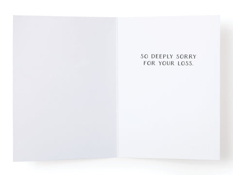 The Dear Sweet Baby Miscarriage Greeting Card by Onderkast Studio features “SO DEEPLY SORRY FOR YOUR LOSS.” in black text on the right—left side is blank for your message.