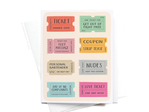 Give someone special the Love Coupons Greeting Card by Onderkast Studio, featuring playful coupons like “Dinner Date,” “Foot Massage,” and “Get Out of Fight Free”—perfect for gifting or customizing for loved ones.