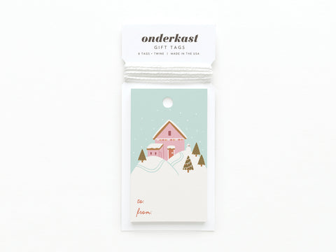 Pink Winter House on a Hilltop Gift Tag