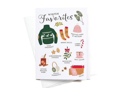 The Winter Favorites Folded Greeting Note Set of 10 by Onderkast Studio displays vibrant illustrations—green sweater, mittens, socks, candy canes, cocoa, gifts and more—beautifully printed on premium card stock for charming note cards.