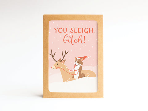The You Sleigh, B*tch! Folded Greeting Note Set of 10 by Onderkast Studio features a vibrant cartoon corgi in a Santa hat riding a reindeer through snow with the fun message above—perfect for holiday cheer.