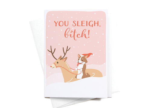 The Onderkast Studio “You Sleigh, B*tch!” Folded Greeting Note Set of 10 features a cartoon dog in a Santa hat riding a reindeer through snow with playful text on premium card stock and a light pink snowy background.