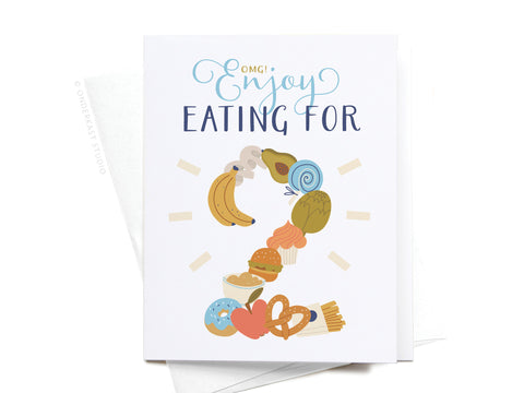 The OMG! Enjoy Eating for 2 Greeting Card by Onderkast Studio features playful foods shaped as the number 2, perfect for expecting parents. FINAL STOCK—grab this premium card before its gone!.