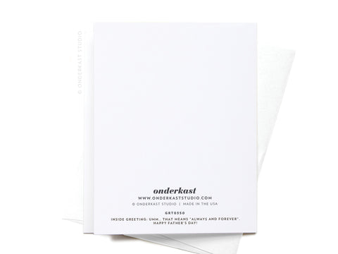 The “Dad, You Are Cool AF” greeting card by Onderkast Studio features bold text on a white card, set atop a matching envelope—perfect for Fathers Day and sending cool dad vibes with its premium, minimalist design.