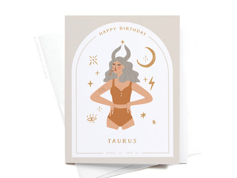 The Happy Birthday Taurus Zodiac Greeting Card by Onderkast Studio showcases an illustrated woman with bull horns, stars, a crescent moon, an eye, and lightning. High-quality design makes it a standout birthday gift. Text: Happy Birthday Taurus, April 20 - May 20.