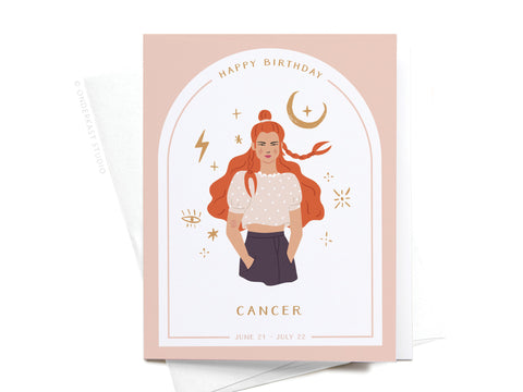 The Happy Birthday Cancer Zodiac Greeting Card by Onderkast Studio features an illustrated red-haired woman, polka dot blouse, and gold zodiac symbols that capture Cancer’s emotional depth, plus birth dates below.