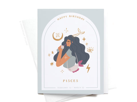 The Happy Birthday Pisces Zodiac Greeting Card by Onderkast Studio showcases an illustrated woman with dark hair, a fish tail, and a horn amid mystical symbols—perfect for celebrating birthdays from February 19 to March 20.