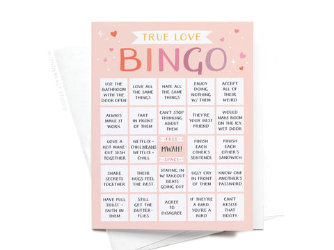 The True Love Bingo Greeting Card by Onderkast Studio features cute hearts and stars, with couple activities in each square like Netflix + chill and a FREE: MWAH! center—making it the sweetest love card game.