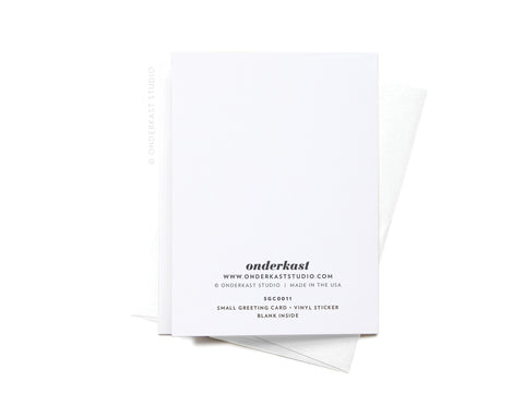 The All Good Things Are Wild & Free Rollerskates Sticker Greeting Card by Onderkast Studio is shown with its matching envelope. Onderkast with website and product details are printed in black on smooth white card stock.
