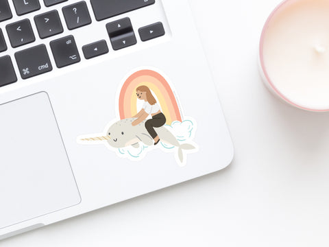 Girl Riding a Narwhal Sticker