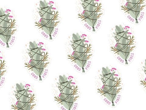 The Good Vibes Smudge Stick Sticker by Onderkast Studio features sage bundles with black string, pink flowers, green leaves, and “Good Vibes” in pink on a white vinyl background. Durable and perfect for spreading positivity.