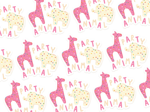 The Frosted Party Animal Cookies Sticker by Onderkast Studio features cartoon giraffe and bear cookies with colorful sprinkles and the phrase “PARTY ANIMAL” in playful pastel text beside each pair.