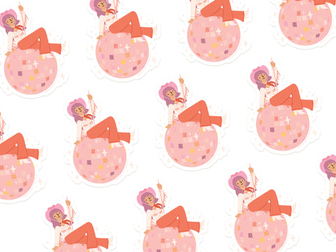 The Disco Cowgirl Sticker by Onderkast Studio features a colorful retro character with purple hair on a pink disco ball, repeated on a white background. This vinyl sticker is water-resistant and durable—perfect for decorating your gear!.