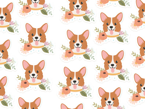 The Onderkast Studio Corgi Floral Sticker features a seamless pattern of cute cartoon corgi faces with flowers and leaves on white, printed on durable, water-resistant vinyl—perfect for decorating your favorite surfaces.