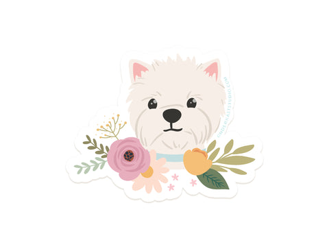 The White Terrier Floral Sticker by Onderkast Studio features a cute white West Highland Terrier with a blue collar, surrounded by pastel flowers and green leaves on white—perfect as a durable, water resistant vinyl sticker.