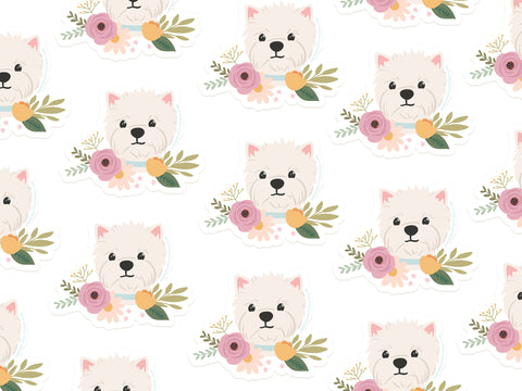 The White Terrier Floral Sticker by Onderkast Studio features adorable white dogs with pink, yellow, and green floral wreaths, printed on durable, water-resistant vinyl—perfect for decorating any surface.