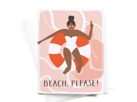 Send summer vibes with Onderkast Studio’s Beach, Please! Greeting Card. Featuring a dark illustration of a woman in a white swimsuit on a red and white lifebuoy, pink swirling water, and the phrase BEACH, PLEASE! at the bottom.