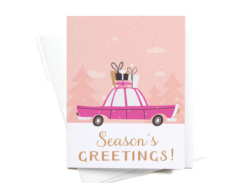 Season's Greetings! Vintage Car + Gifts Greeting Card