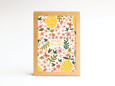 Many Thanks Lemon Floral Folded Greeting Note Set of 10