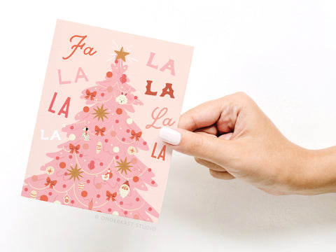Fa La La Pink Christmas Tree Greeting Card
