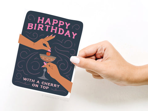 Happy Birthday Cocktail With Cherry On Top Greeting Card