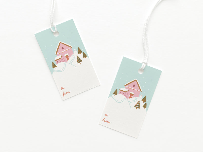 Pink Winter House on a Hilltop Gift Tag
